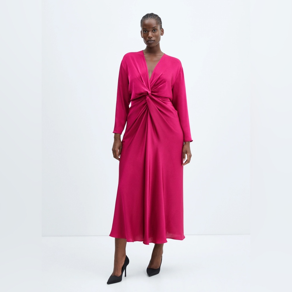 Mango satin knot Elegant Pink Long Dress